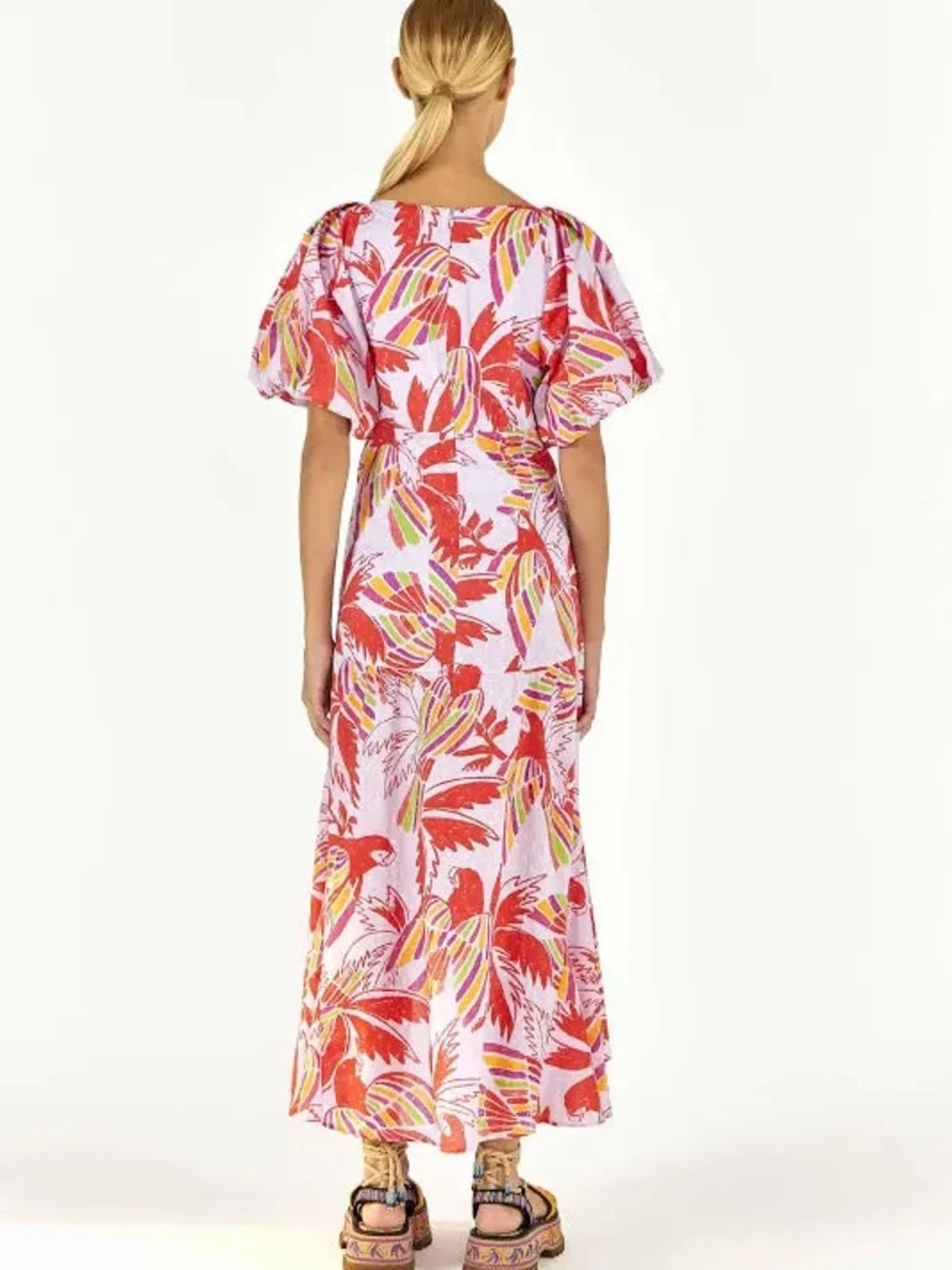 Farm Rio Red Parrot-Print Puff-Sleeve Midi Dress - Women